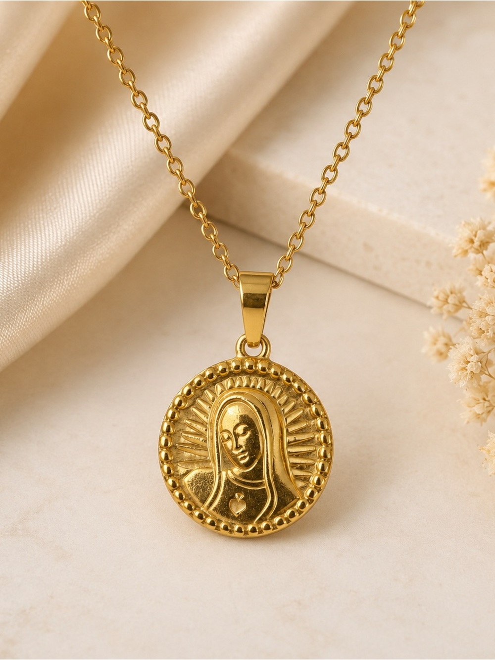 Gold Plated Virgin Mary Pendant Necklace - Elegant Religious Medallion